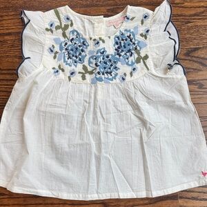 Pink Chicken White Blouse with Blue Floral Embroidery